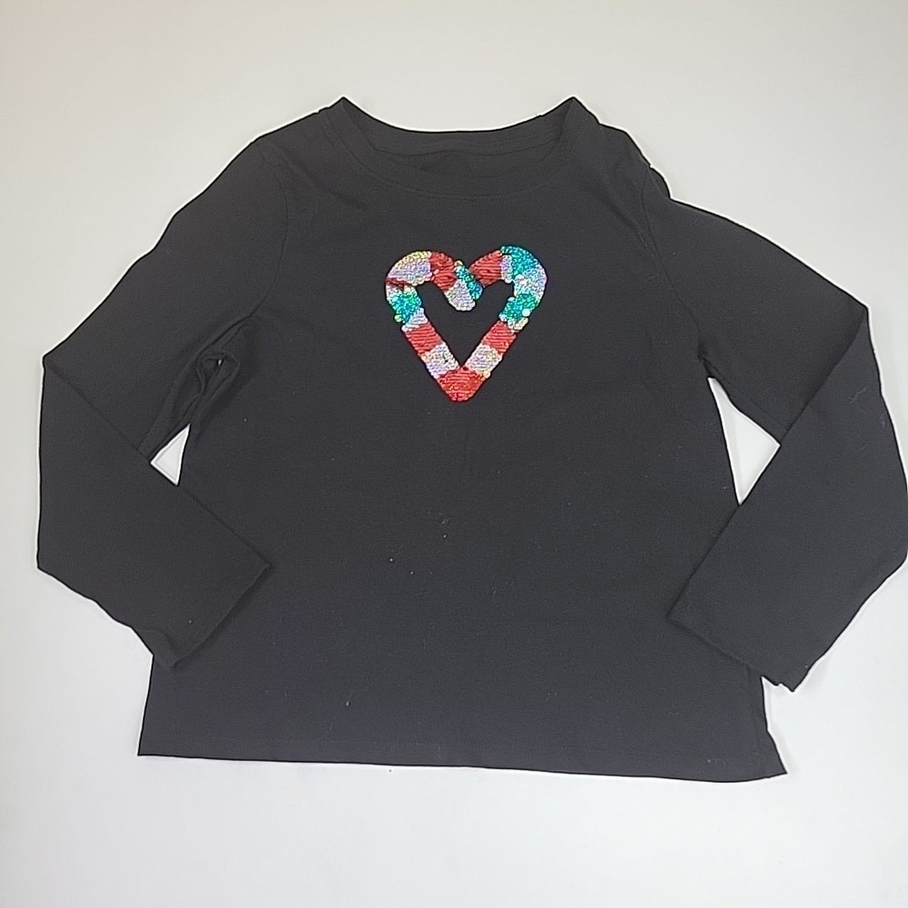 Cat & Jack Black Long Sleeve Sequin Candy Cane Heart Shirt Girls Size L 10/12